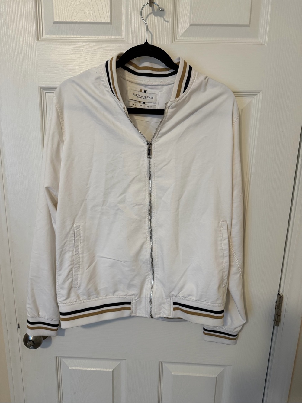 Denim & Flower White Bomber Jacket with Black and Tan Striped Trim